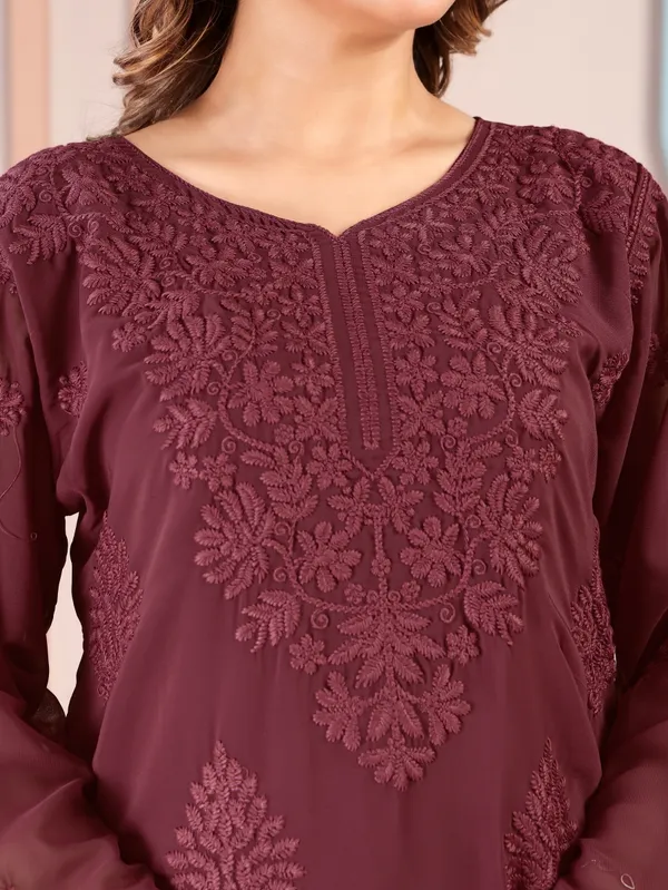 Dusty_Burgundy_Chikankari_Faux_Georgette_Embroidered_Kurta_Palazzo_Dupatta_Set_For_Women