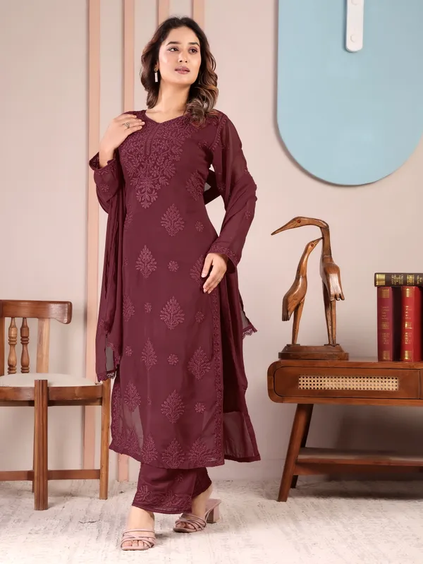 Dusty_Burgundy_Chikankari_Faux_Georgette_Embroidered_Kurta_Palazzo_Dupatta_Set_For_Women