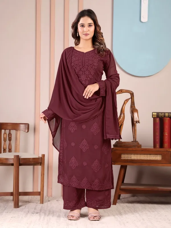Dusty_Burgundy_Chikankari_Faux_Georgette_Embroidered_Kurta_Palazzo_Dupatta_Set_For_Women