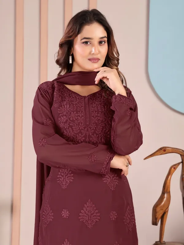 Dusty_Burgundy_Chikankari_Faux_Georgette_Embroidered_Kurta_Palazzo_Dupatta_Set_For_Women