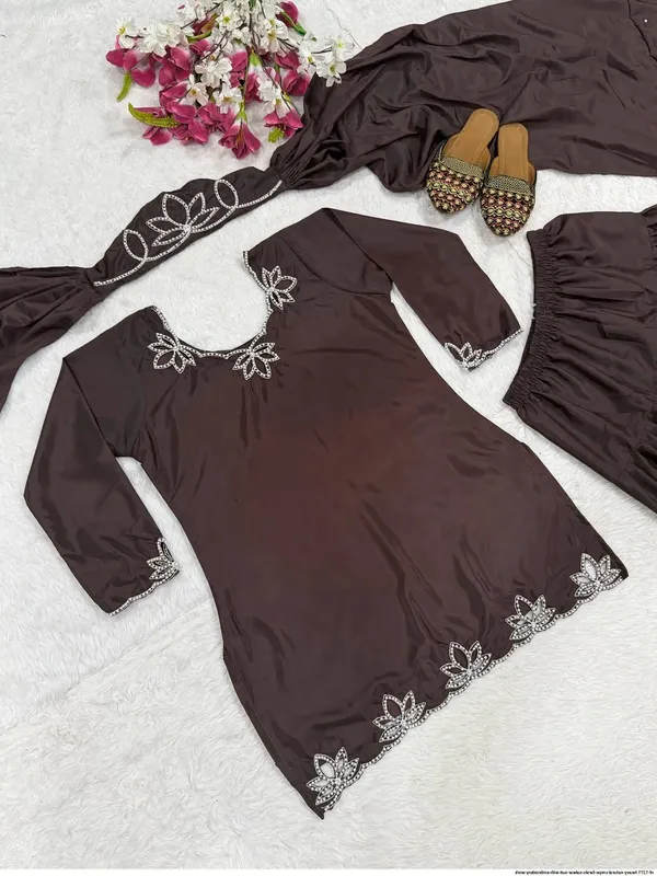 Chocolate_Brown_Natural_Crepe_Embroidery_Kurta_With_Farsi_Salwar_Dupatta_For_Women