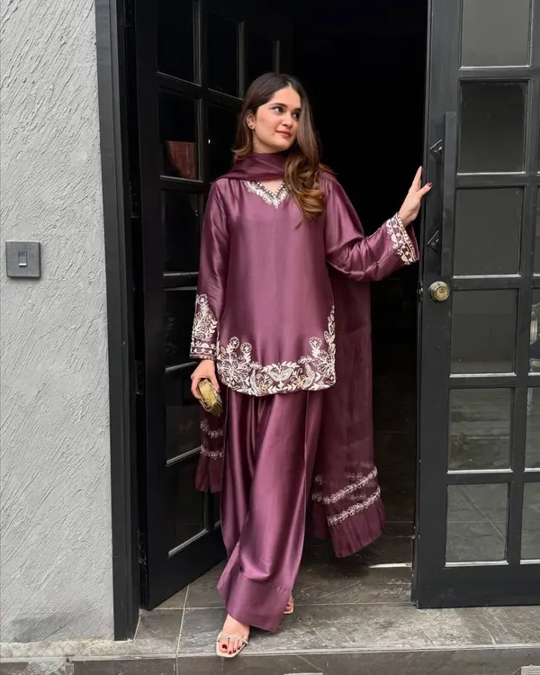 Deep_Purple_Elegant_Embroidered_Sequence_Kurta_With_Farshi_Pant_Dupatta_For_Women