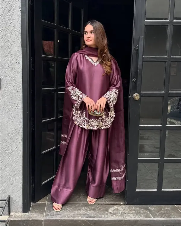 Deep_Purple_Elegant_Embroidered_Sequence_Kurta_With_Farshi_Pant_Dupatta_For_Women