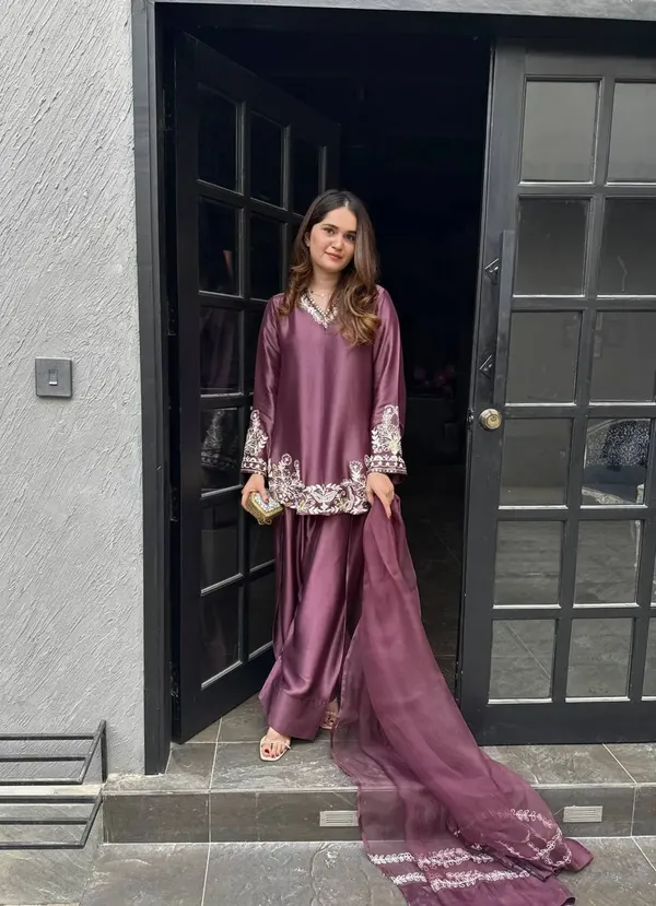 Deep_Purple_Elegant_Embroidered_Sequence_Kurta_With_Farshi_Pant_Dupatta_For_Women