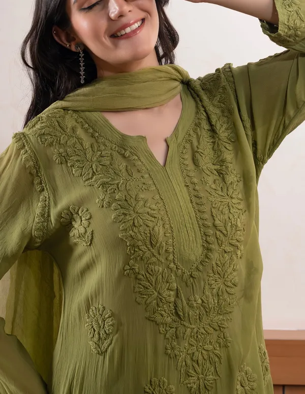 Olive_Green_Georgette_Chikankari_Embroidery_Kurta_With_Pant_Dupatta_For_Women
