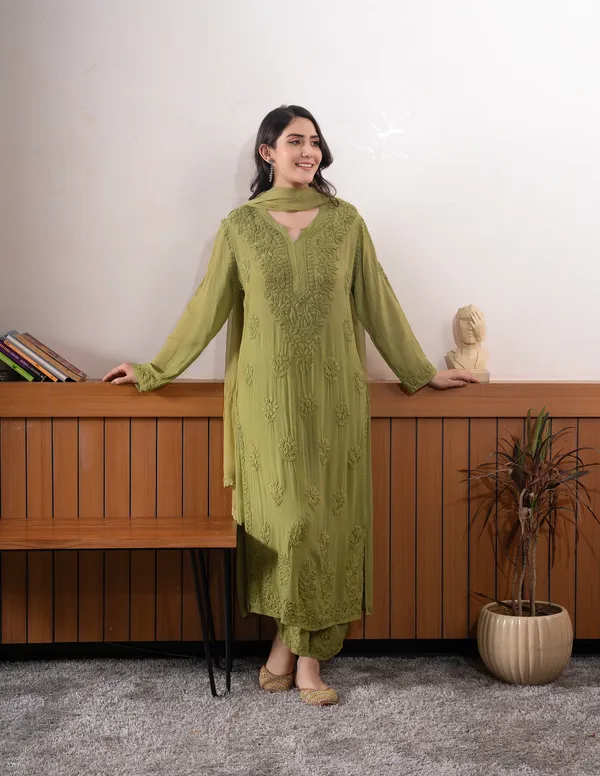 Olive_Green_Georgette_Chikankari_Embroidery_Kurta_With_Pant_Dupatta_For_Women