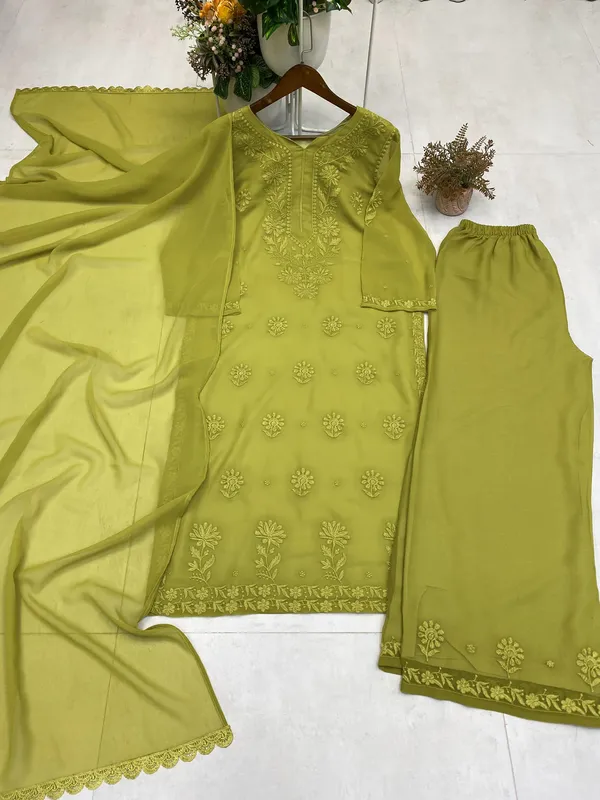 Olive_Green_Georgette_Chikankari_Embroidery_Kurta_With_Pant_Dupatta_For_Women