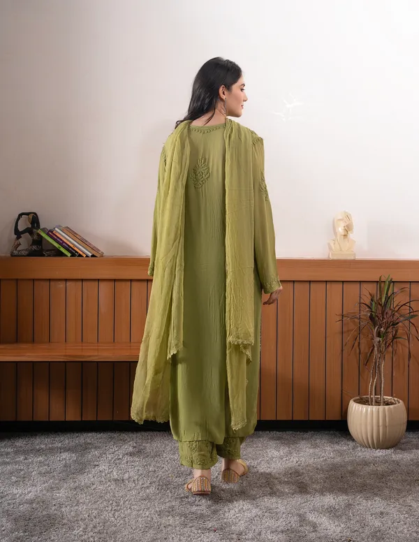 Olive_Green_Georgette_Chikankari_Embroidery_Kurta_With_Pant_Dupatta_For_Women