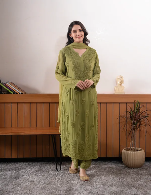 Olive_Green_Georgette_Chikankari_Embroidery_Kurta_With_Pant_Dupatta_For_Women