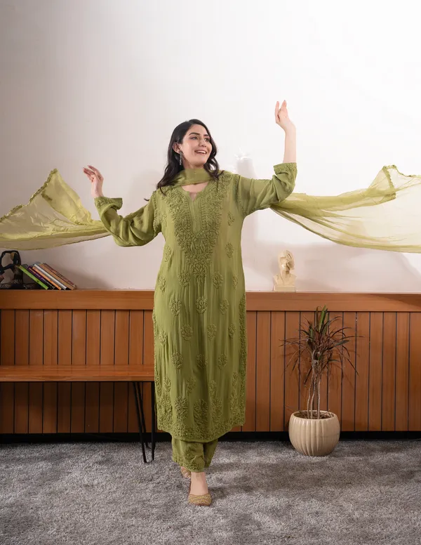 Olive_Green_Georgette_Chikankari_Embroidery_Kurta_With_Pant_Dupatta_For_Women