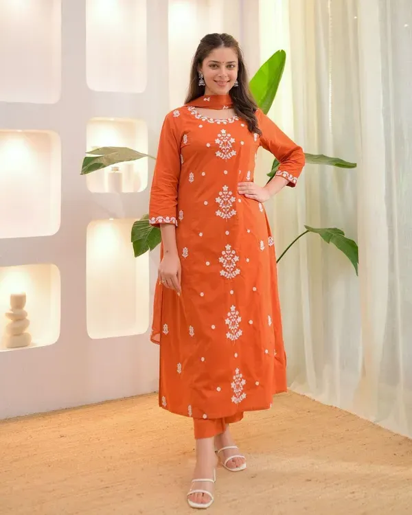 Rust_Orange_Rayon_Slub_Embroidered_Kurta_With_Pant_Chanderi_Dupatta_For_Women