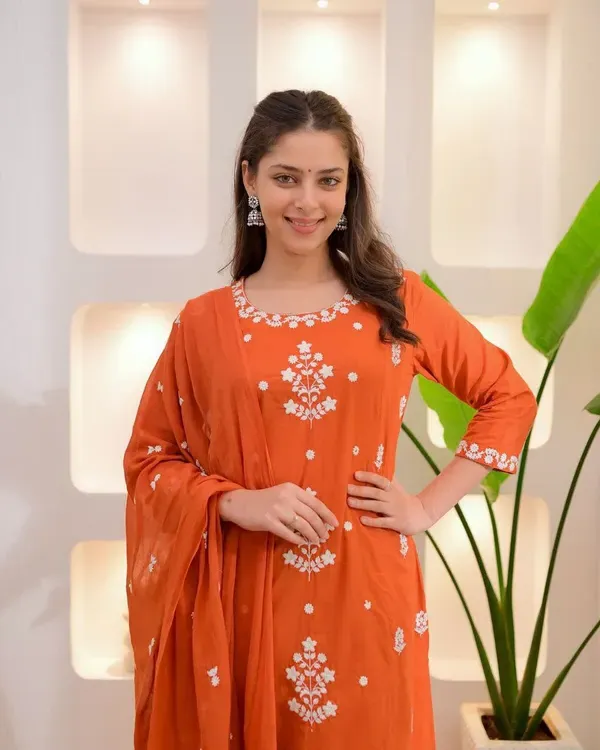 Rust_Orange_Rayon_Slub_Embroidered_Kurta_With_Pant_Chanderi_Dupatta_For_Women