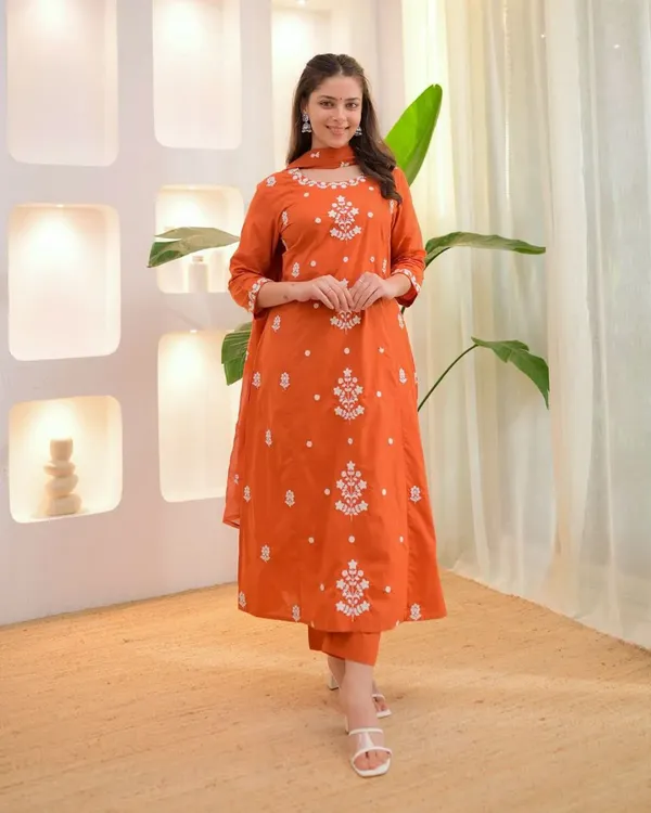 Rust_Orange_Rayon_Slub_Embroidered_Kurta_With_Pant_Chanderi_Dupatta_For_Women