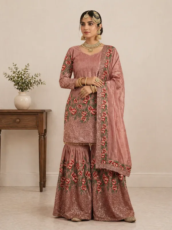 Gajari_Pure_Fendy_Silk_Heavy_Embroidery_Sequence_Kurta_With_Sharara_Dupatta_For_Women