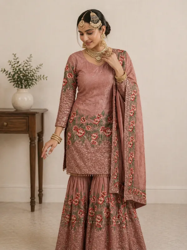 Gajari_Pure_Fendy_Silk_Heavy_Embroidery_Sequence_Kurta_With_Sharara_Dupatta_For_Women