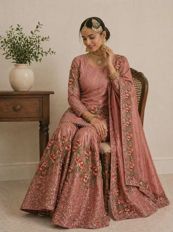 Gajari_Pure_Fendy_Silk_Heavy_Embroidery_Sequence_Kurta_With_Sharara_Dupatta_For_Women