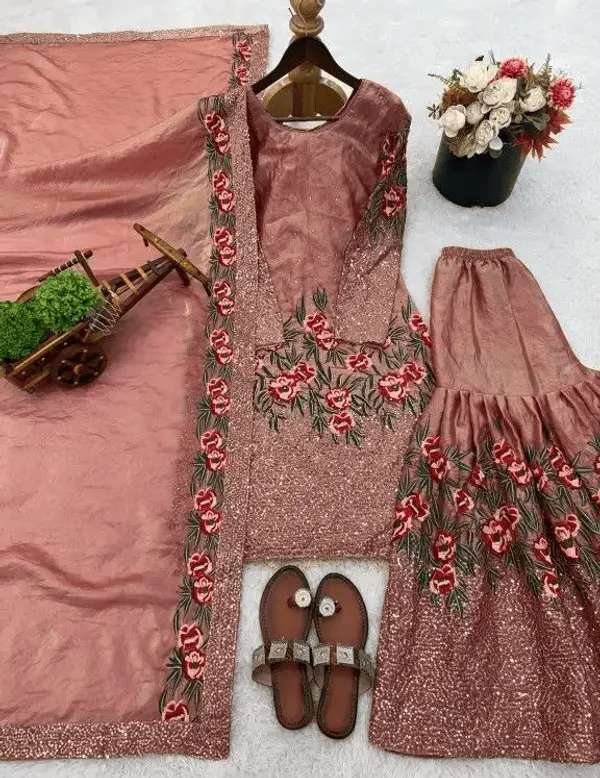 Gajari_Pure_Fendy_Silk_Heavy_Embroidery_Sequence_Kurta_With_Sharara_Dupatta_For_Women