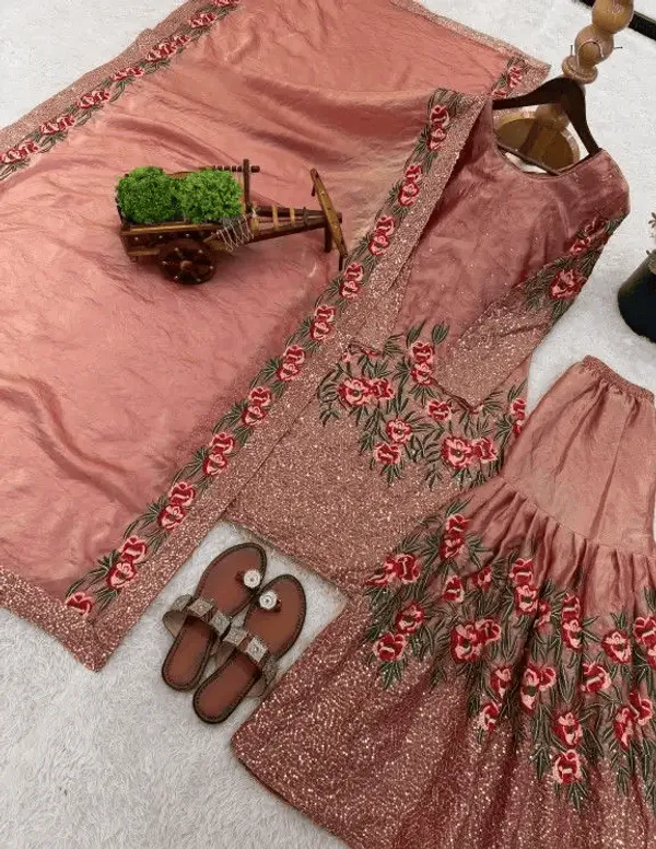 Gajari_Pure_Fendy_Silk_Heavy_Embroidery_Sequence_Kurta_With_Sharara_Dupatta_For_Women