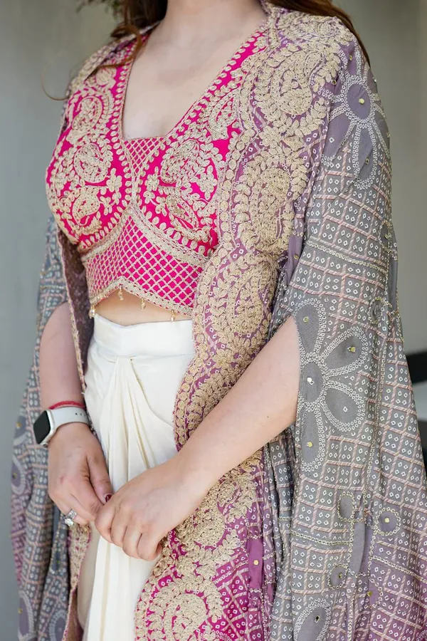 Elegant_Rani_Pink_Indowestern_Three_Piece_Dhoti_Set_With_Bandhani_Print_Shrug_For_Women