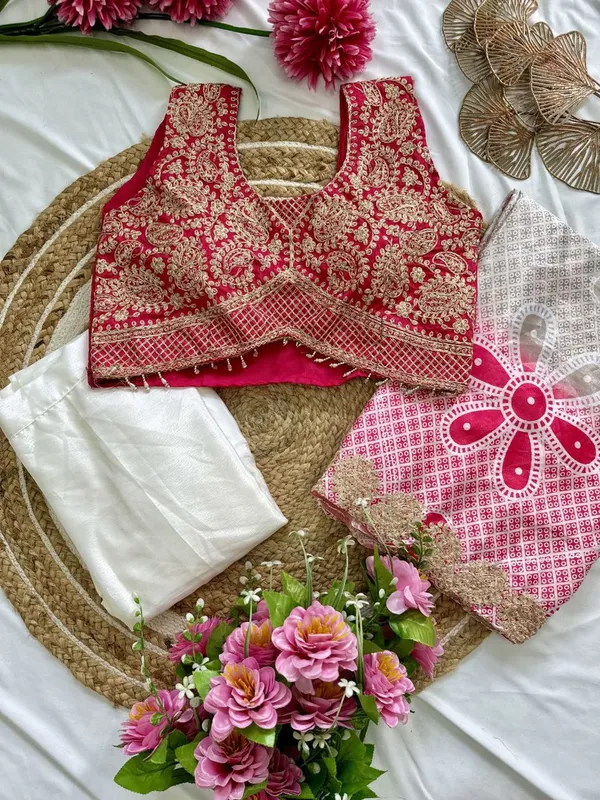 Elegant_Rani_Pink_Indowestern_Three_Piece_Dhoti_Set_With_Bandhani_Print_Shrug_For_Women