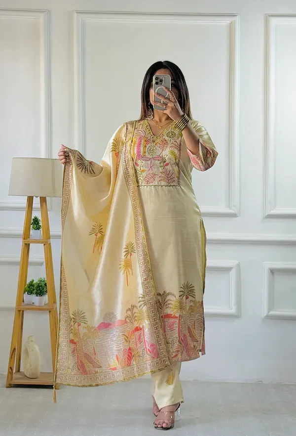 Ivory_Assam_Silk_Embroidered_Kurta_With_Pant_Dupatta_For_Women