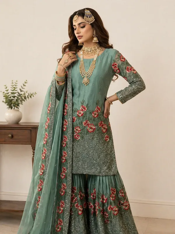 Green_Pure_Fendy_Silk_Heavy_Embroidery_Sequence_Kurta_With_Sharara_&_Dupatta_For_Women