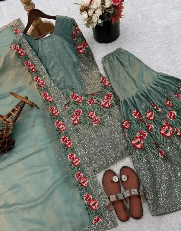 Green_Pure_Fendy_Silk_Heavy_Embroidery_Sequence_Kurta_With_Sharara_&_Dupatta_For_Women