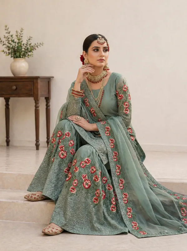 Green_Pure_Fendy_Silk_Heavy_Embroidery_Sequence_Kurta_With_Sharara_&_Dupatta_For_Women