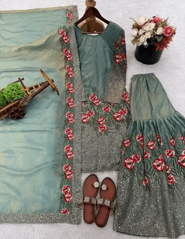 Green_Pure_Fendy_Silk_Heavy_Embroidery_Sequence_Kurta_With_Sharara_&_Dupatta_For_Women