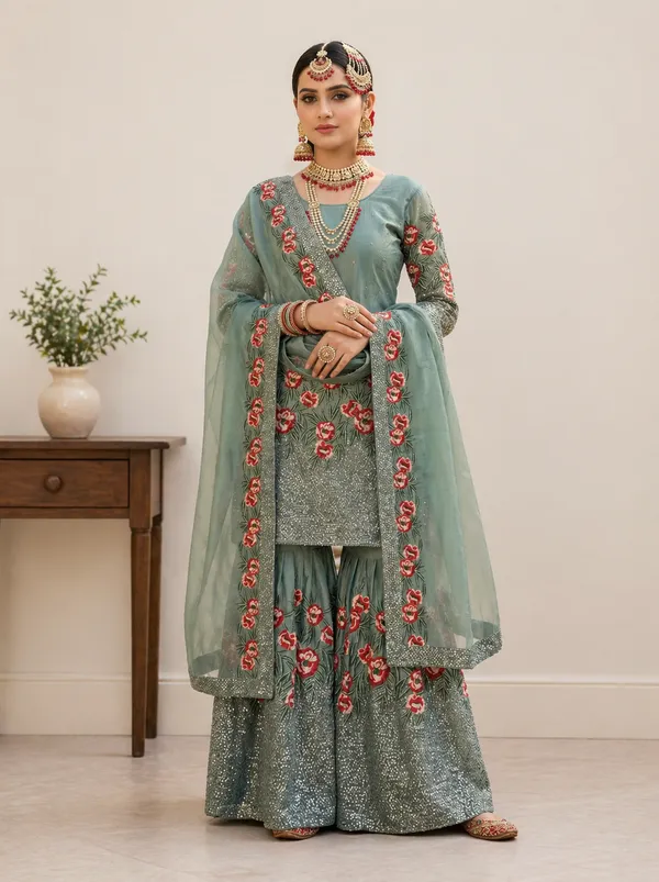 Green_Pure_Fendy_Silk_Heavy_Embroidery_Sequence_Kurta_With_Sharara_&_Dupatta_For_Women