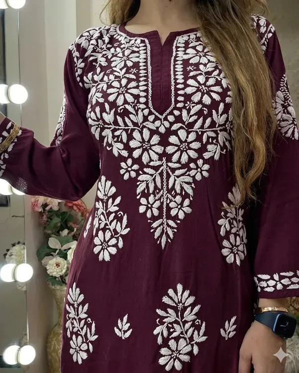 Wine_Rayon_Cotton_Chikankari_Embroidery_Kurta_With_Palazzo_For_Women