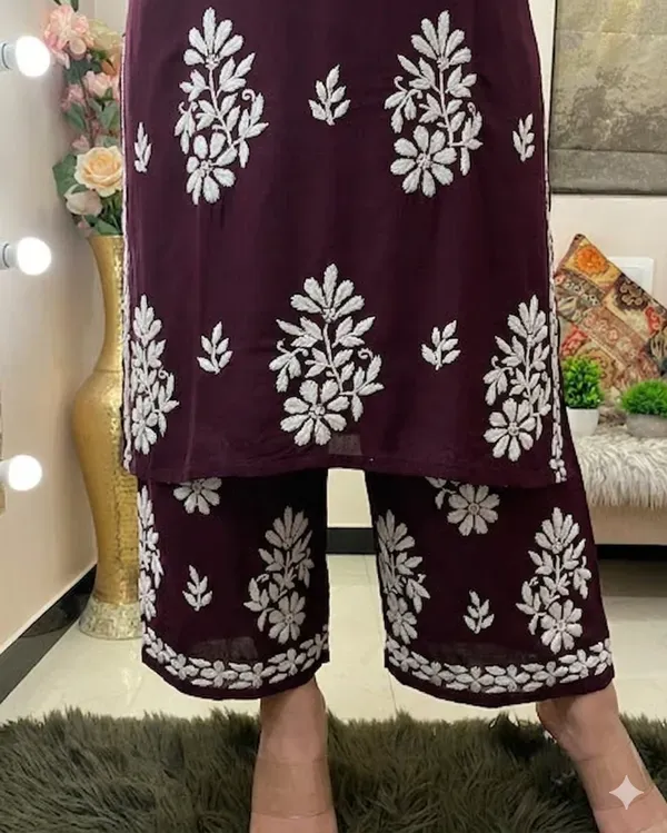 Wine_Rayon_Cotton_Chikankari_Embroidery_Kurta_With_Palazzo_For_Women