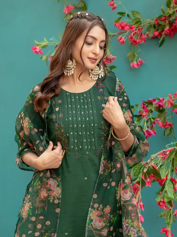 Royal_Dark_Green_Hand_Work_Silk_Kurti_Pant_Dupatta_Set_For_Women