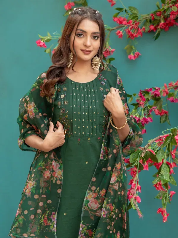 Royal_Dark_Green_Hand_Work_Silk_Kurti_Pant_Dupatta_Set_For_Women