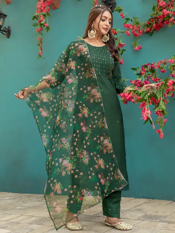 Royal_Dark_Green_Hand_Work_Silk_Kurti_Pant_Dupatta_Set_For_Women