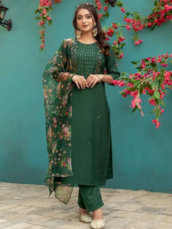 Royal_Dark_Green_Hand_Work_Silk_Kurti_Pant_Dupatta_Set_For_Women