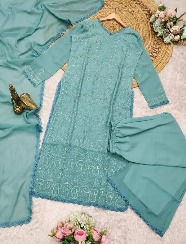 Pastel_Teal_Georgette_Chikankari_Embroidery_Kurta_With_Pant_Dupatta_For_Women