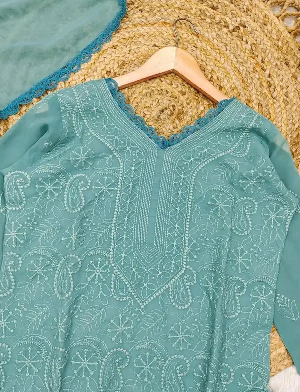 Pastel_Teal_Georgette_Chikankari_Embroidery_Kurta_With_Pant_Dupatta_For_Women