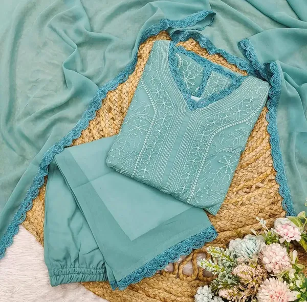 Pastel_Teal_Georgette_Chikankari_Embroidery_Kurta_With_Pant_Dupatta_For_Women