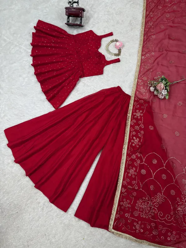 Red_Tabby_Organza_Mukaish_Work_Kurta_With_Sharara_Dupatta_For_Women