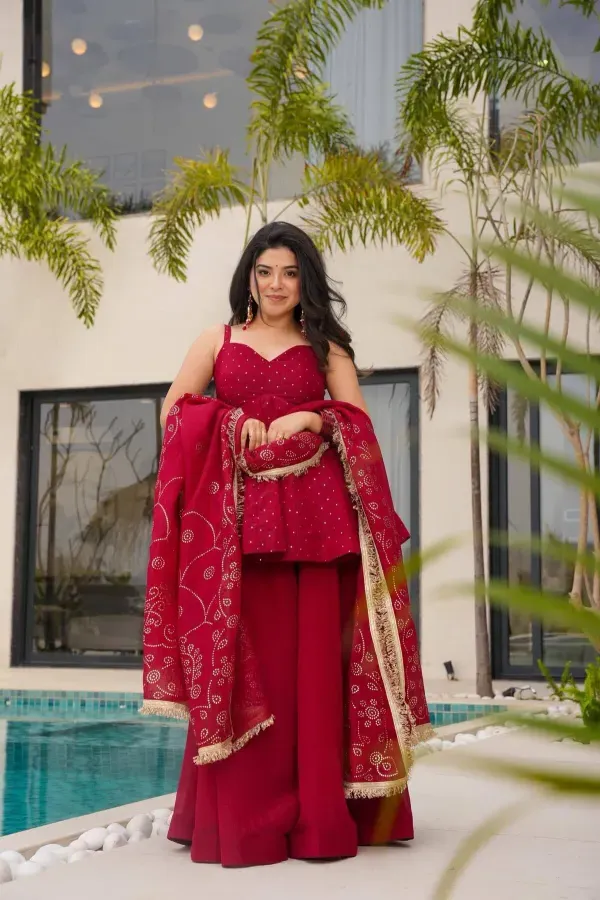 Red_Tabby_Organza_Mukaish_Work_Kurta_With_Sharara_Dupatta_For_Women