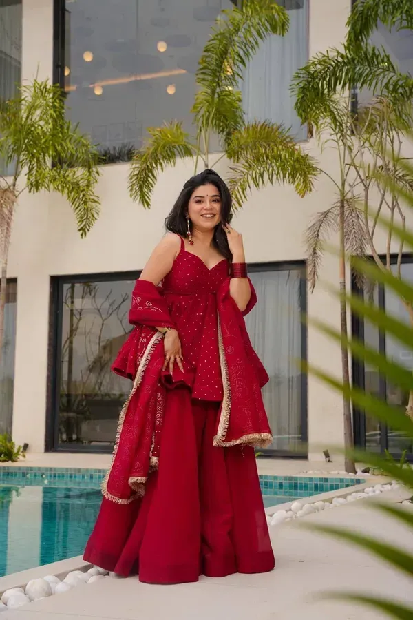 Red_Tabby_Organza_Mukaish_Work_Kurta_With_Sharara_Dupatta_For_Women