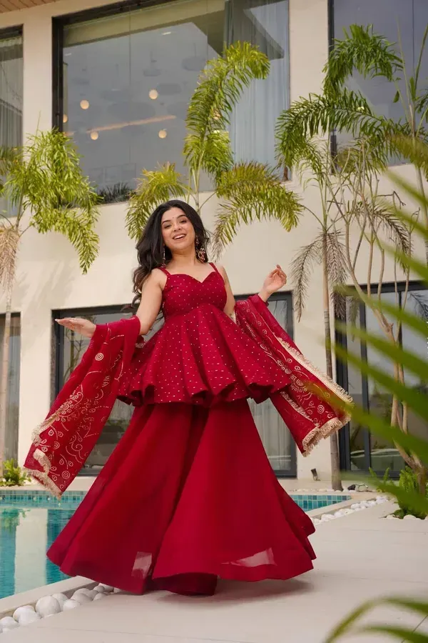 Red_Tabby_Organza_Mukaish_Work_Kurta_With_Sharara_Dupatta_For_Women