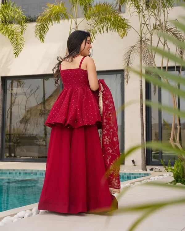Red_Tabby_Organza_Mukaish_Work_Kurta_With_Sharara_Dupatta_For_Women