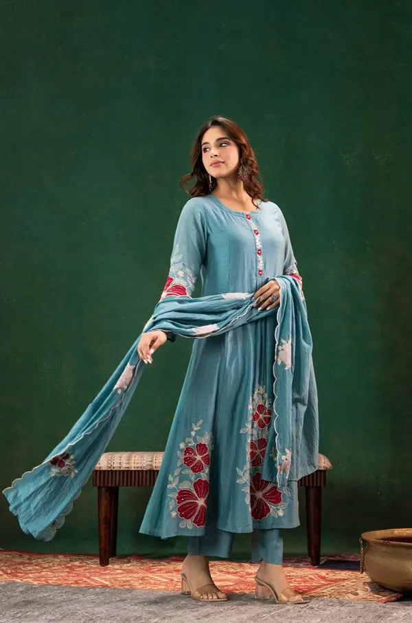 Dusty_Blue_Chanderi_Silk_Floral_Embroidered_Kurta_With_Pant_Dupatta_For_Women