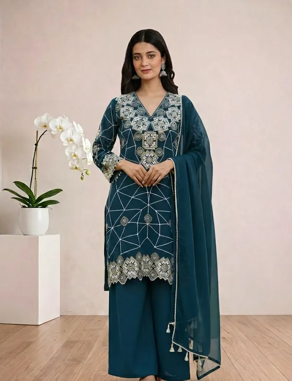 Teal_Blue_Georgette_Embroidery_Kurta_Palazzo_Set_With_Dupatta_For_Women