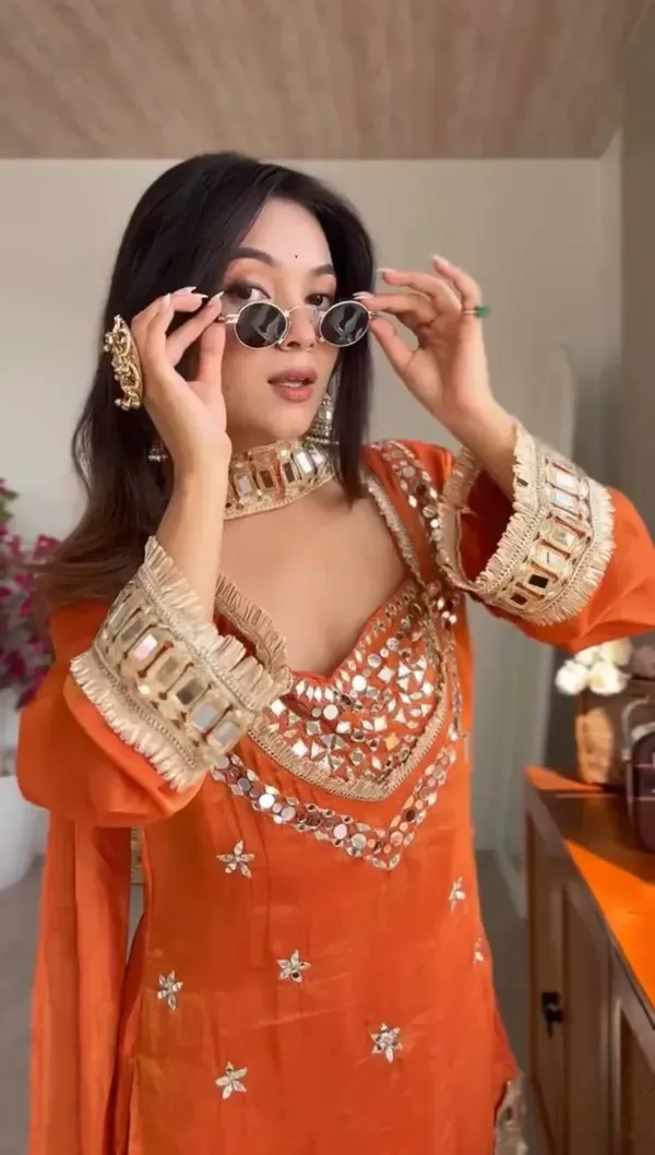 Rust_Orange_Fendi_Silk_Real_Mirror_Work_Designer_Sharara_Set_For_Women