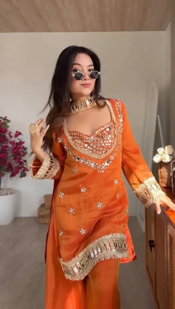 Rust_Orange_Fendi_Silk_Real_Mirror_Work_Designer_Sharara_Set_For_Women