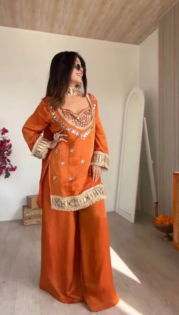 Rust_Orange_Fendi_Silk_Real_Mirror_Work_Designer_Sharara_Set_For_Women