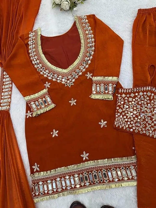Rust_Orange_Fendi_Silk_Real_Mirror_Work_Designer_Sharara_Set_For_Women